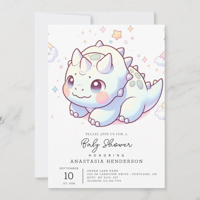 Fantasy Happy Dinosaur Baby Dusche Einladung (Vorderseite)