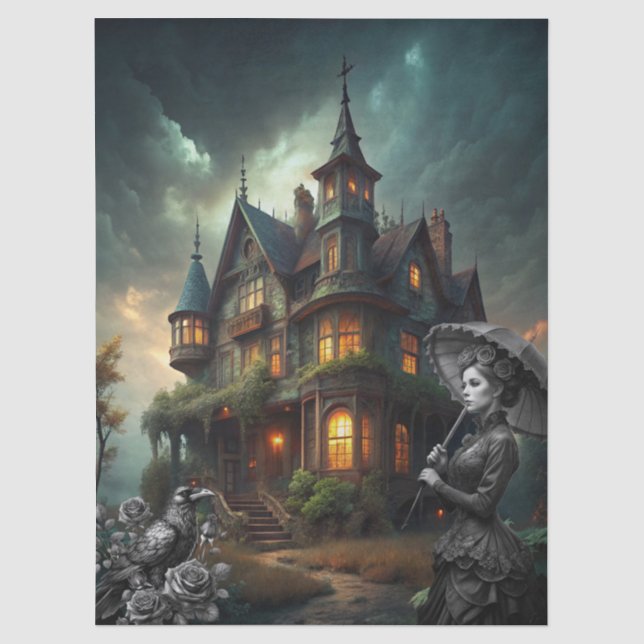 Fantasy Haunted House Victorian Lady Raven Roses Seidenpapier (Vorderseite)