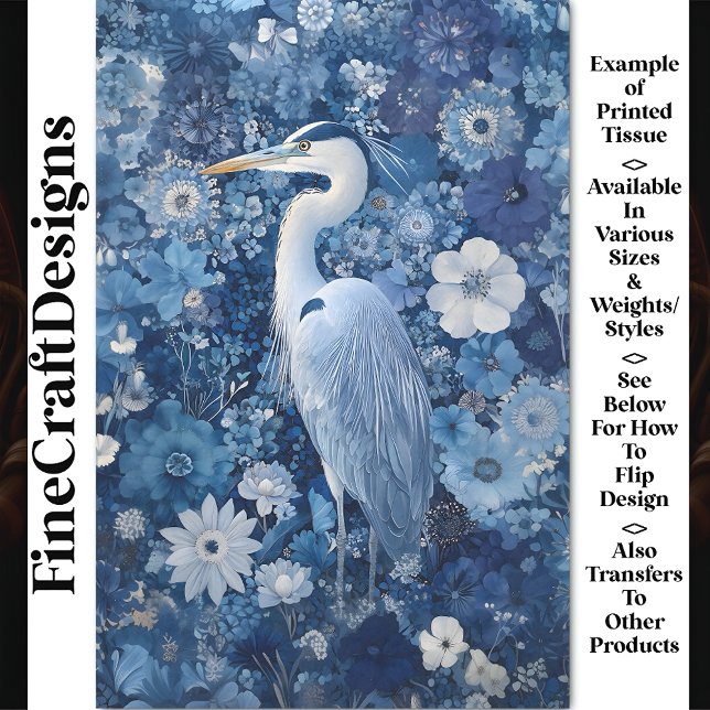 Fantasy Heron Bird mit blauen Blumen BV4 Decoupage Seidenpapier (Von Creator hochgeladen)