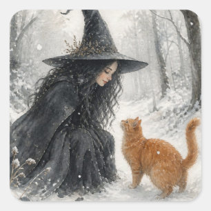 Fantasy-Hexe und rote Katze im Winterwald Quadratischer Aufkleber