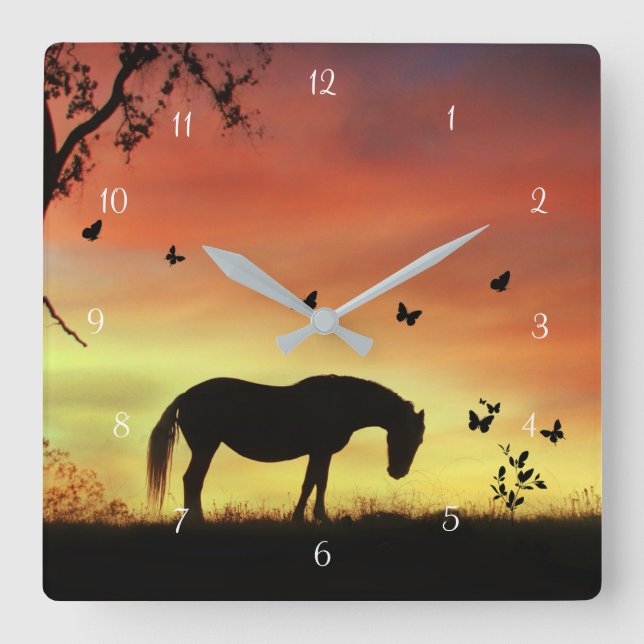 Fantasy Horse und Schmetterlinge Quadratische Wanduhr (Vorderseite)