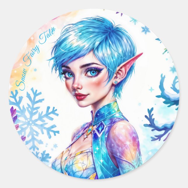 Fantasy ice elf Winter magische Schneeflocke Kunst Runder Aufkleber (Vorderseite)