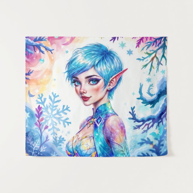 Fantasy ice elf Winter magische Schneeflocke Kunst Wandteppich (Vorderseite (Horizontal))