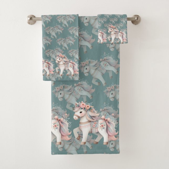 Fantasy Illustration von Floral Pastel Horse Badhandtuch Set (Insitu)