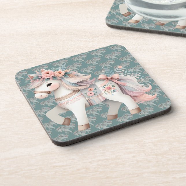 Fantasy Illustration von Floral Pastel Horse Getränkeuntersetzer (Linke Seite)