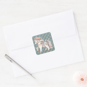 Fantasy Illustration von Floral Pastel Horse Quadratischer Aufkleber