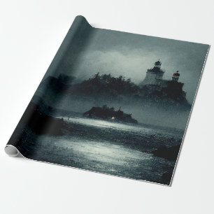 Fantasy Island Lighthouse Misty Foggy Dark Night Geschenkpapier