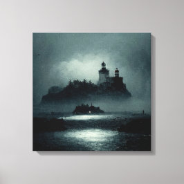 Fantasy Island Lighthouse Misty Foggy Dark Night Leinwanddruck