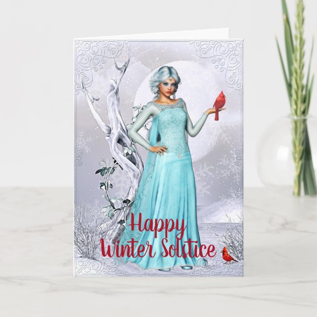 Fantasy Kardinal Woman Winter Solstice Card Karte (Vorderseite)