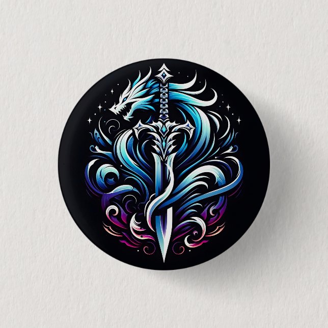 Fantasy Krieger Mystischer Drache Schwert Flamme Button (Vorderseite)
