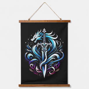 Fantasy-Krieger-Mystischer-Drachenschwert-Flamme Wandteppich Mit Holzrahmen