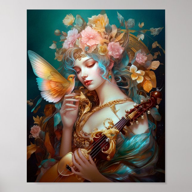 Fantasy Lady mit Lute & Butterfly Bird Poster (Vorne)