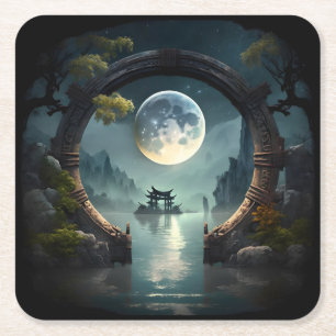 Fantasy Landscape Moon, Round Arch Square Unterset Rechteckiger Pappuntersetzer