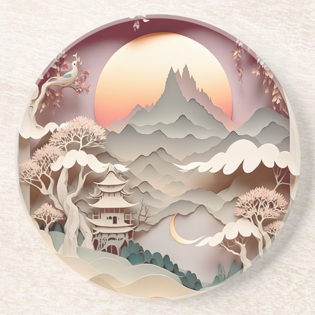 Fantasy Landscape PaperCut Round Sandstone Unterse Getränkeuntersetzer (Vorne)