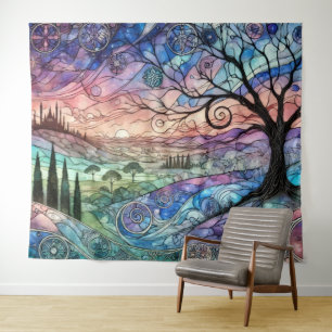 Fantasy Landschaft mit Bäumen und farbenfroher Son Wandteppich