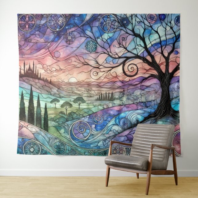 Fantasy Landschaft mit Bäumen und farbenfroher Son Wandteppich (Beispiel (Horizontal))