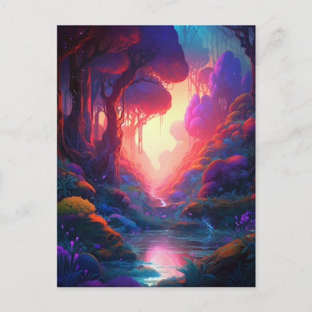 Fantasy Landswald farbenfrohe Surreal Postcard Postkarte (Vorderseite)