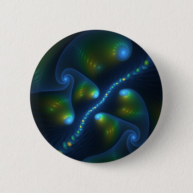 Fantasy Lights Abstrakt Blue Green Yellow Fraktal Button (Vorderseite)