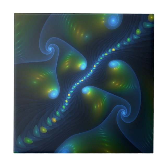 Fantasy Lights Abstrakt Blue Green Yellow Fraktal Fliese (Vorderseite)