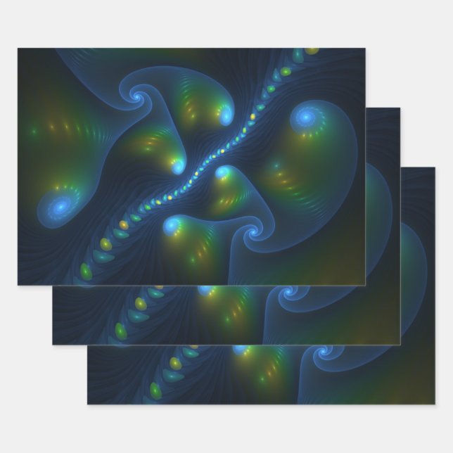Fantasy Lights Abstrakt Blue Green Yellow Fraktal Geschenkpapier Set (Set)