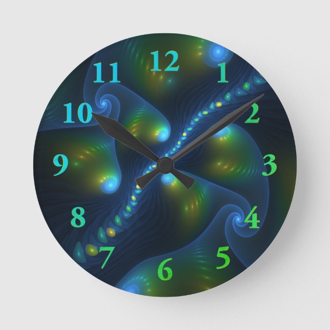 Fantasy Lights Abstrakt Blue Green Yellow Fraktal Runde Wanduhr (Vorderseite)
