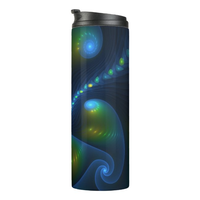 Fantasy Lights Abstrakt Blue Green Yellow Fraktal Thermosbecher (Nach rechts gedreht)