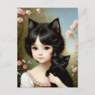 Fantasy-Mädchen mit schwarzem Kätzchen - Vintage-M Postkarte