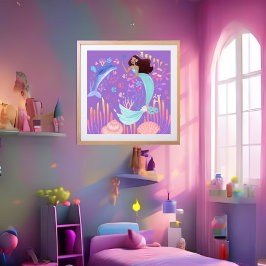 Fantasy Meerjungfrau lila rosa Blaue Delphin Ozean Poster