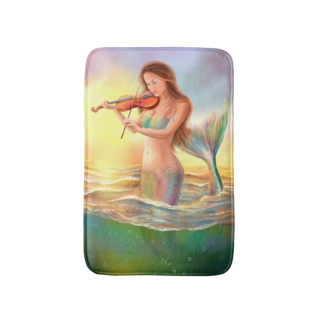 Fantasy-Meerjungfrau spielt Geige auf Sonnenunterg Badematte (Vorderseite Vertikal)