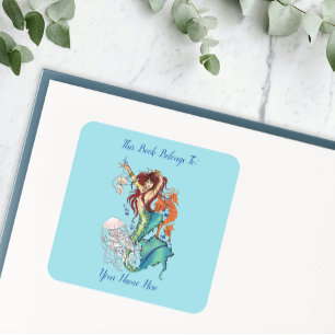 Fantasy Mermaid Aquamarin Schwanz Buchzeichen Quadratischer Aufkleber