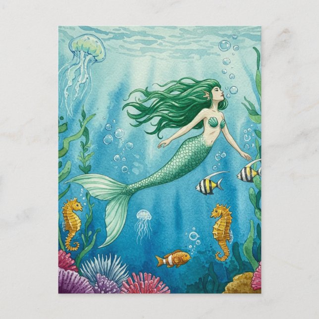 Fantasy Mermaid Ocean Seepferd Jellyfish Postkarte (Vorderseite)