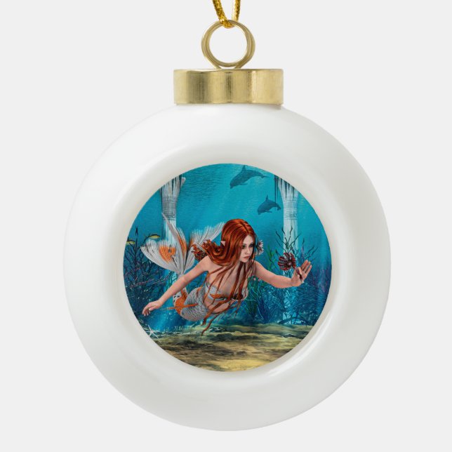 Fantasy Mermaid und Sea Lily Keramik Kugel-Ornament (Vorderseite)