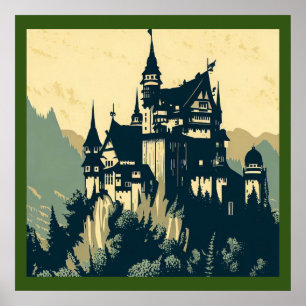 Fantasy Mittelalterliche Burg - Holzschnitt 1 Poster