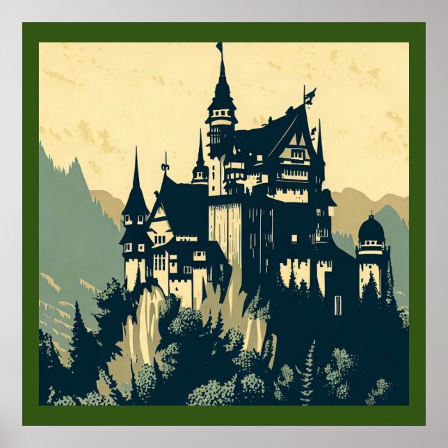Fantasy Mittelalterliche Burg - Holzschnitt 1 Poster (Vorne)