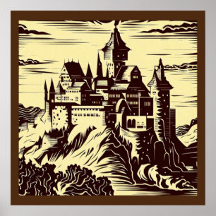 Fantasy Mittelalterliche Burg - Holzschnitt 2 Poster