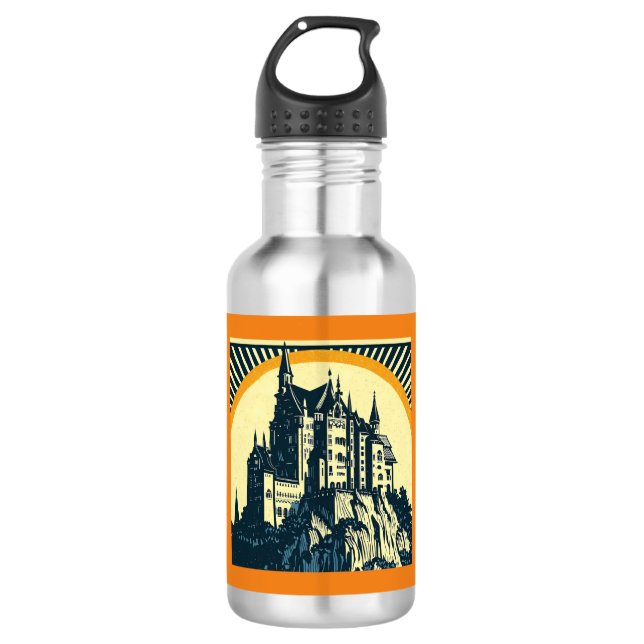Fantasy Mittelalterliche Burg - Holzschnitt 3 Edelstahlflasche (Vorderseite)