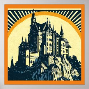 Fantasy Mittelalterliche Burg - Holzschnitt 3 Poster