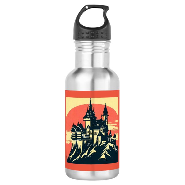 Fantasy Mittelalterliche Burg - Holzschnitt 4 Edelstahlflasche (Vorderseite)