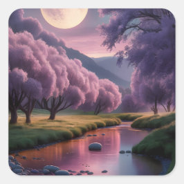 Fantasy Moonlit River Dreamscape Illustration Quadratischer Aufkleber