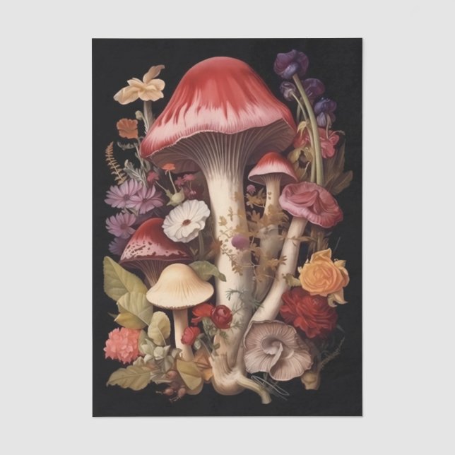 Fantasy Mushrooms and Flowers on Black Background Seidenpapier (Vorderseite)