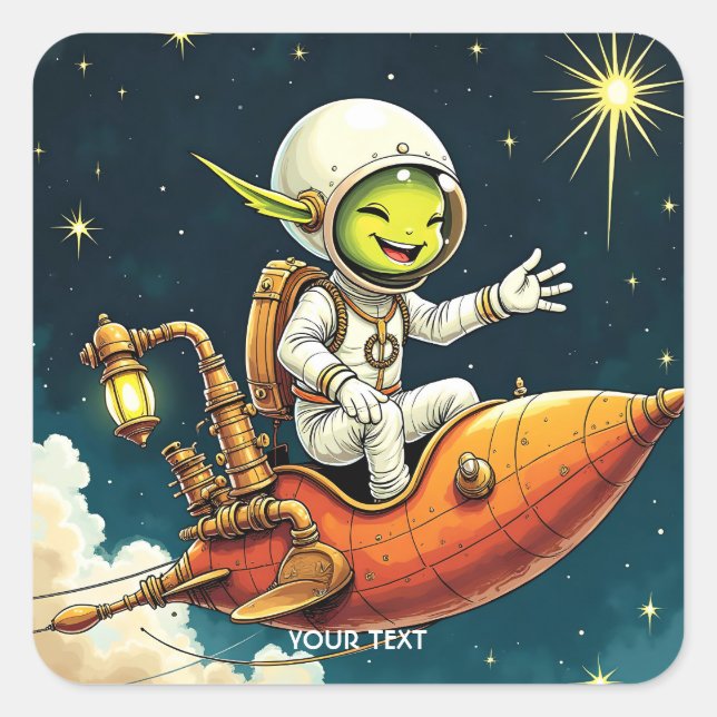 Fantasy Niedlich Alien Space Ship Quadratischer Aufkleber (Vorderseite)