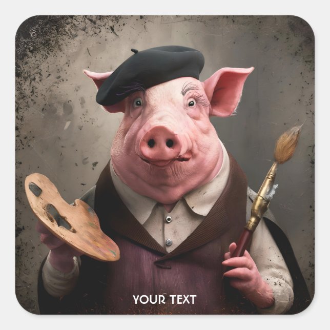 Fantasy Niedlich Artist Painter Pig Quadratischer Aufkleber (Vorderseite)