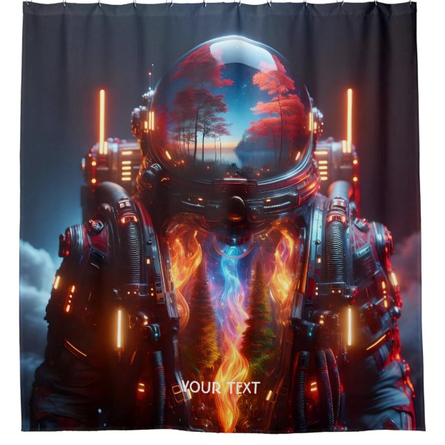 Fantasy Niedlich Astronaut Landschaftsfeuer Duschvorhang (Vorderseite)