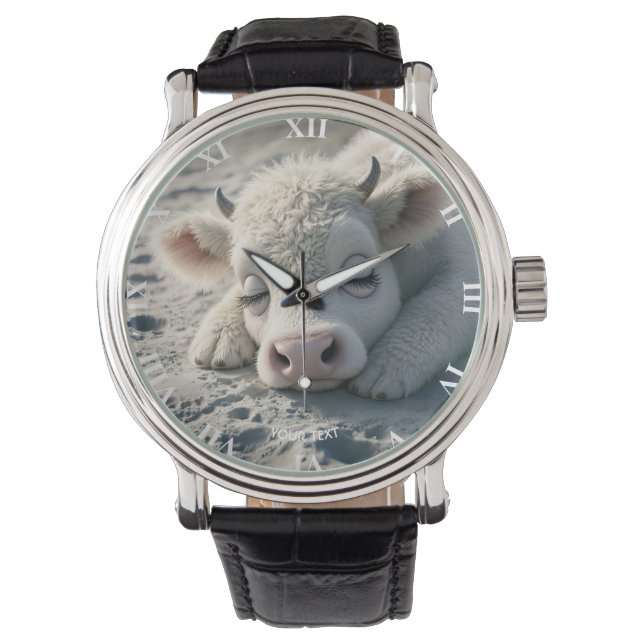 Fantasy Niedlich Baby Cow Schlafen Armbanduhr (Vorderseite)