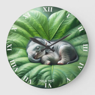 Fantasy Niedlich Baby Elephant Leaf Große Wanduhr
