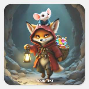 Fantasy Niedlich Baby Fox Mouse Quadratischer Aufkleber