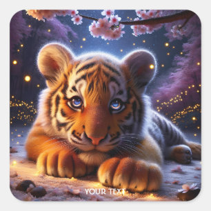 Fantasy Niedlich Baby Tiger Sakura Quadratischer Aufkleber