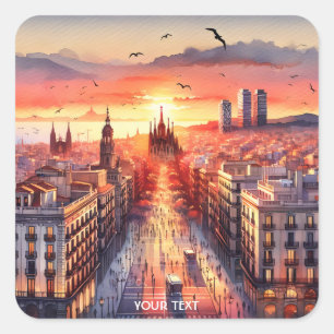 Fantasy Niedlich Barcelona Sunset View Quadratischer Aufkleber