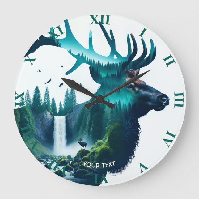 Fantasy Niedlich Big Elk Landschaft Große Wanduhr (Vorderseite)
