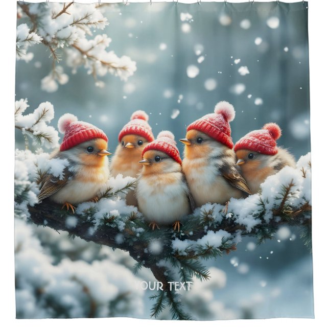 Fantasy Niedlich Birds Hat Snow Duschvorhang (Vorderseite)